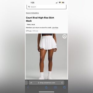 Lululemon court rival high rise skirt white Size 2